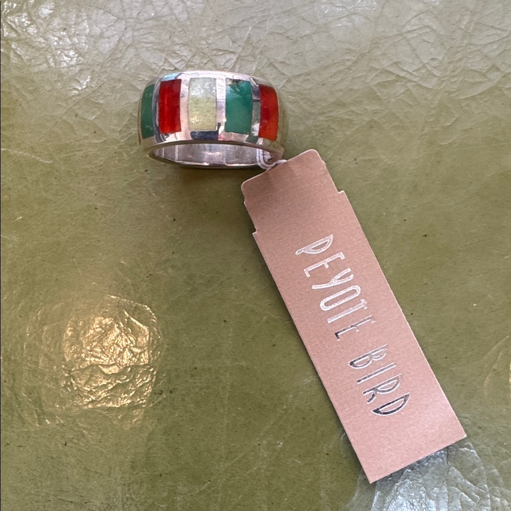Colorful NWT sterling silver ring size 6 Carnelian and Green Aventurine inlays